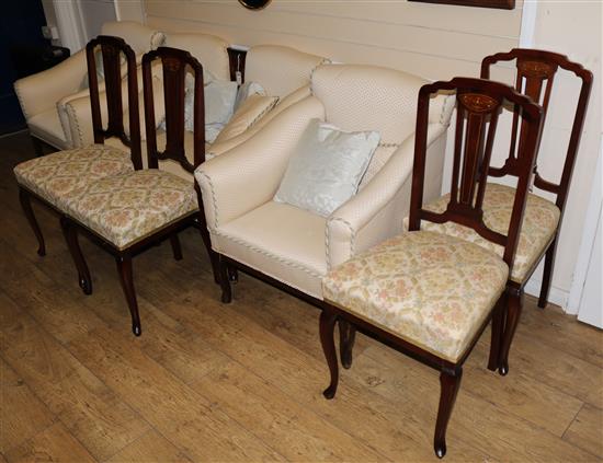An Edwardian inlaid mahogany seven-piece salon suite (one chair a.f.) Sofa W.120cm